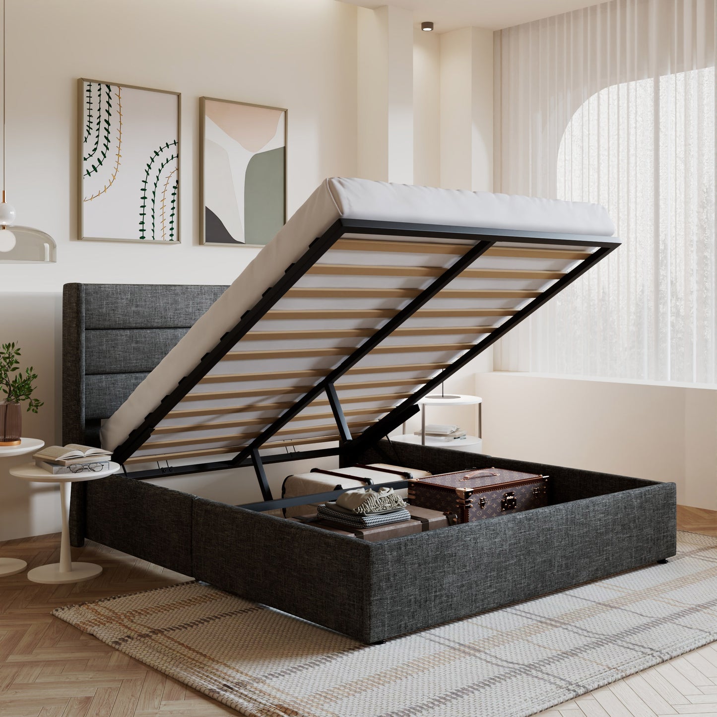 Amolife Bed Frame, Lift Up Storage Platform Bed with Fabric Upholstered Panel Wingback Headboard