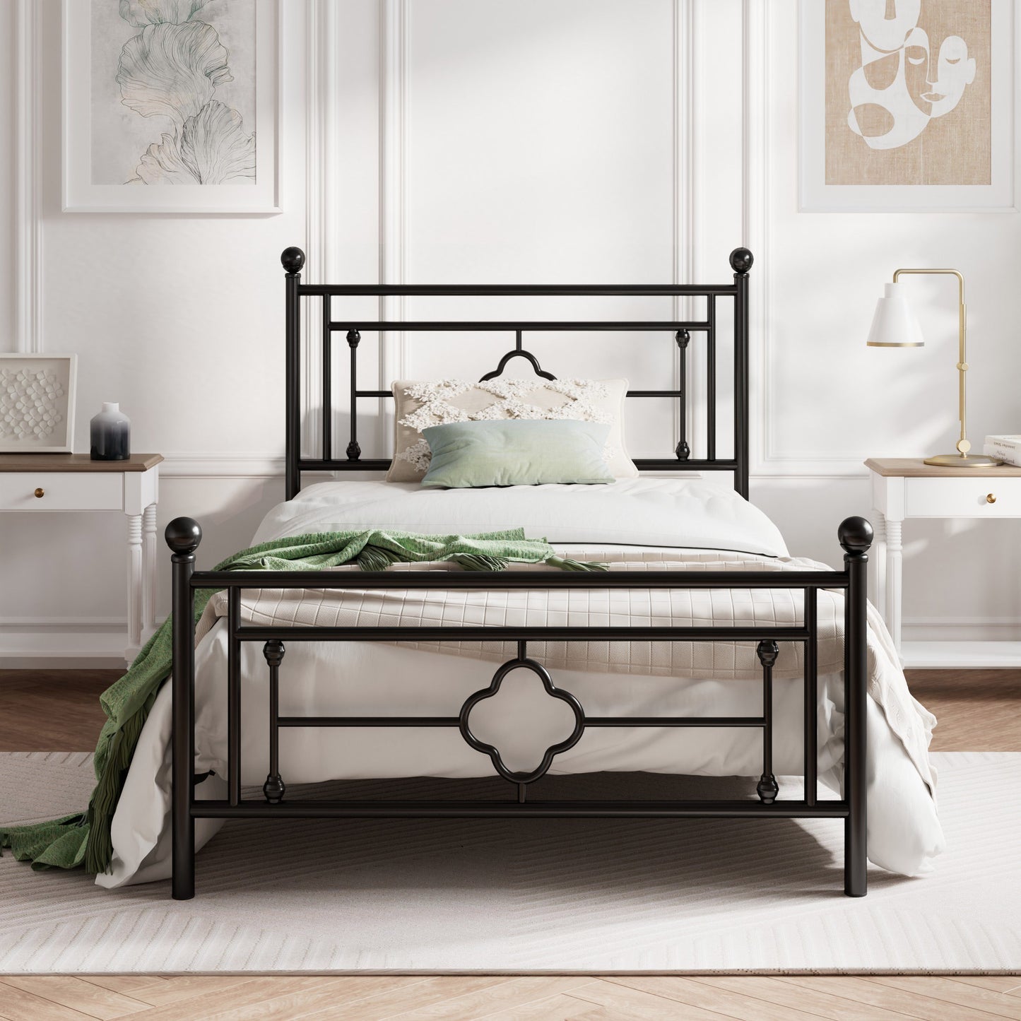 Queen Size Metal Bed Frame with Vintage Cross Pattern Headboard and Footboard, Black