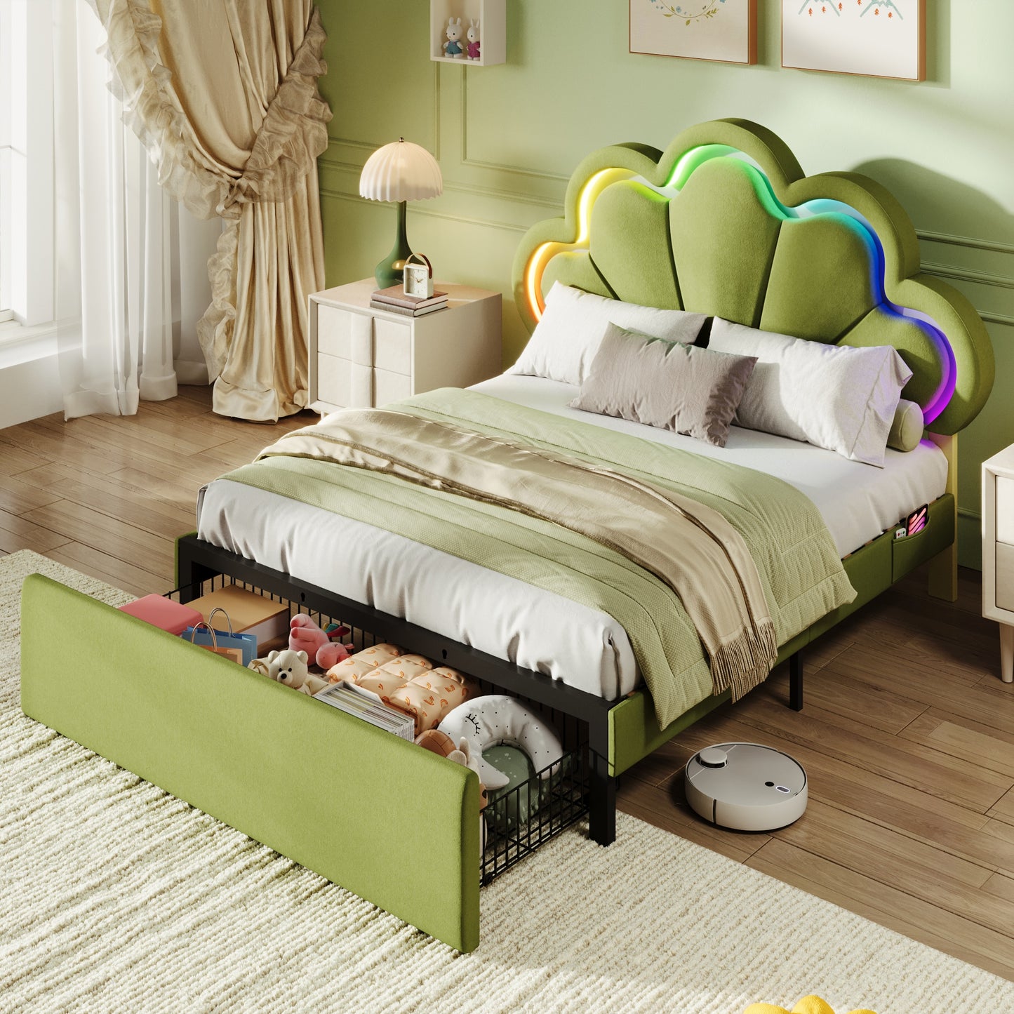 Amolife Bed Frame with RGB LED Lights & Storage Drawer, Upholstered Platform Bed with Adjustable Headboard