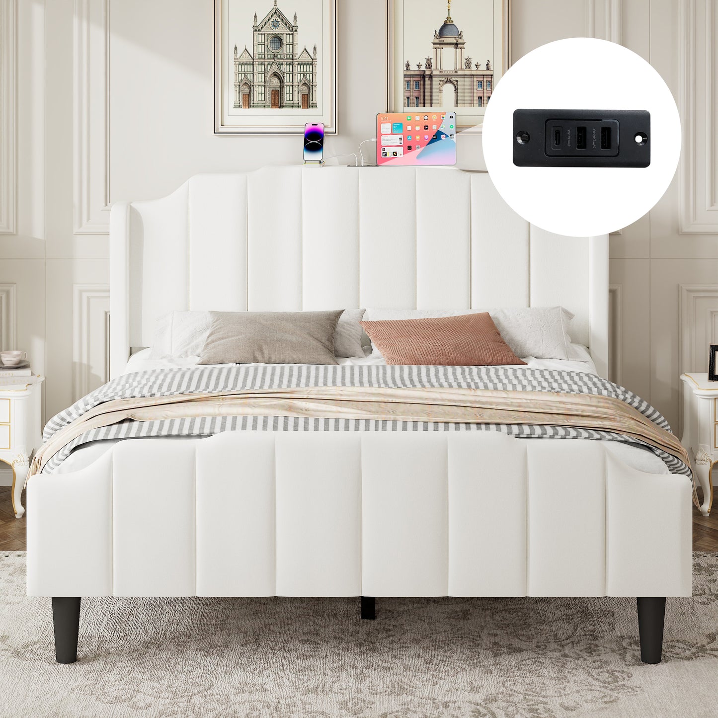 Amolife Upholstered Platform Bed with with USB Ports & Curved Velvet Wingback Headboard