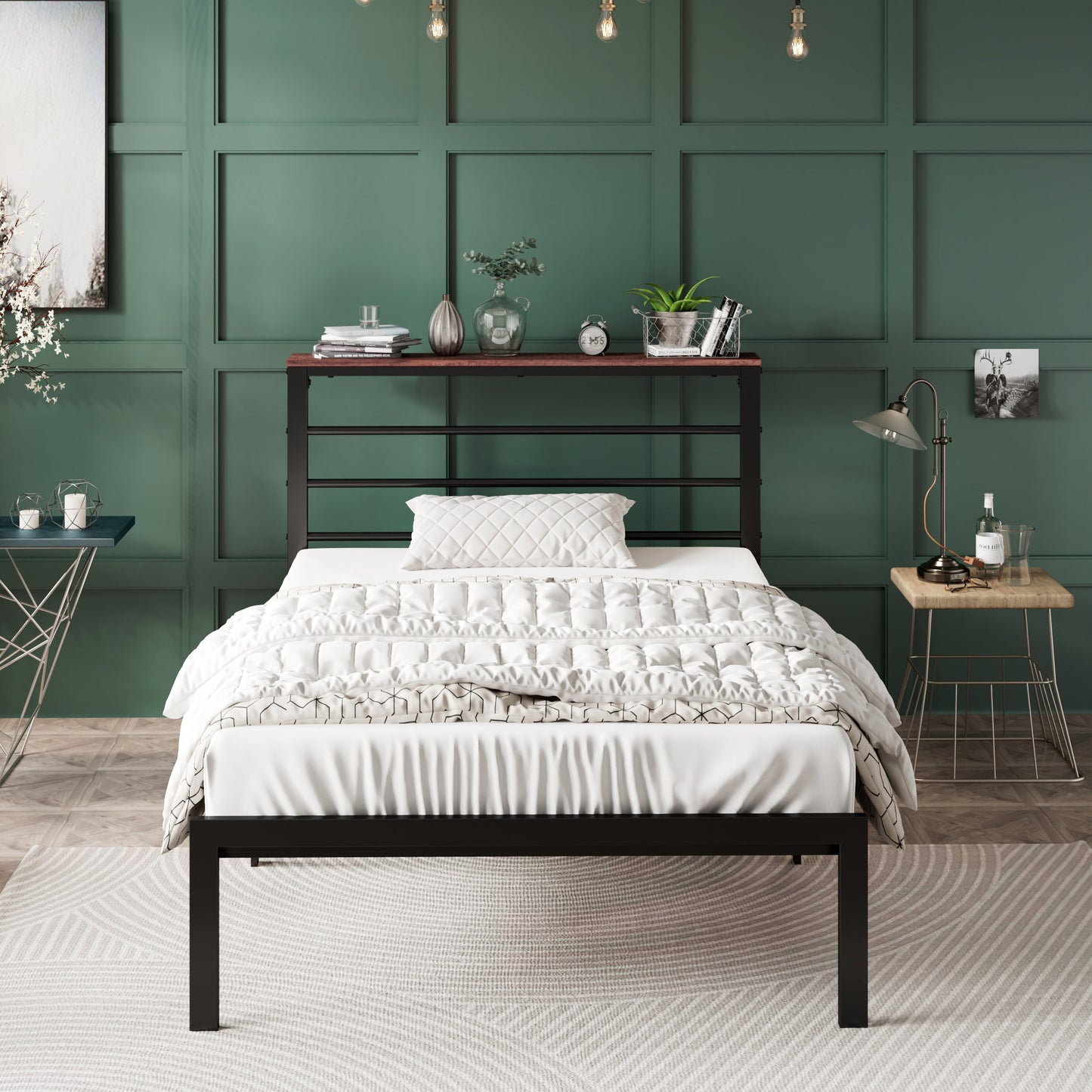 Queen Size Metal Bed Frame with Headboard Shelf, Black Oak