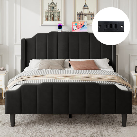 Amolife Upholstered Platform Bed with with USB Ports & Curved Velvet Wingback Headboard