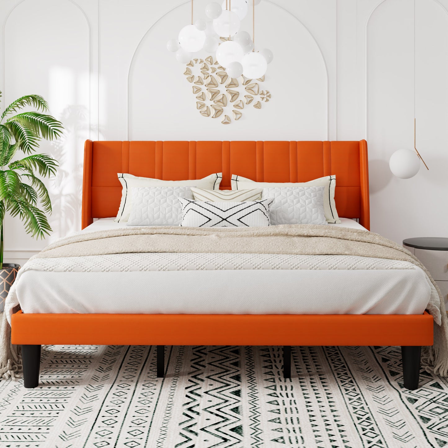 Queen Size Faux Leather Platform Bed Frame with Exquisite Wingback Headboard, Orange