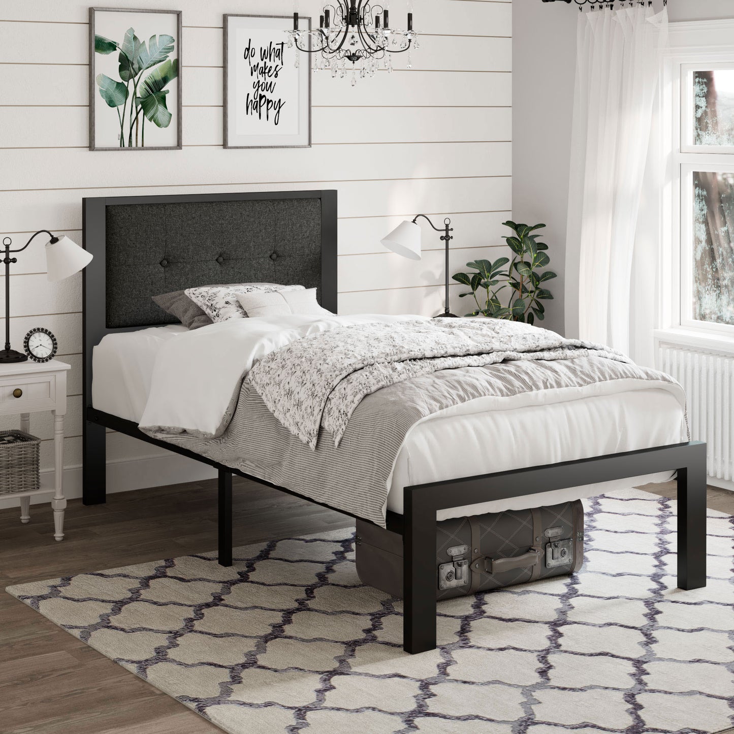 Bed Frame with Upholstered Button Tufted Square Stitch Headboard