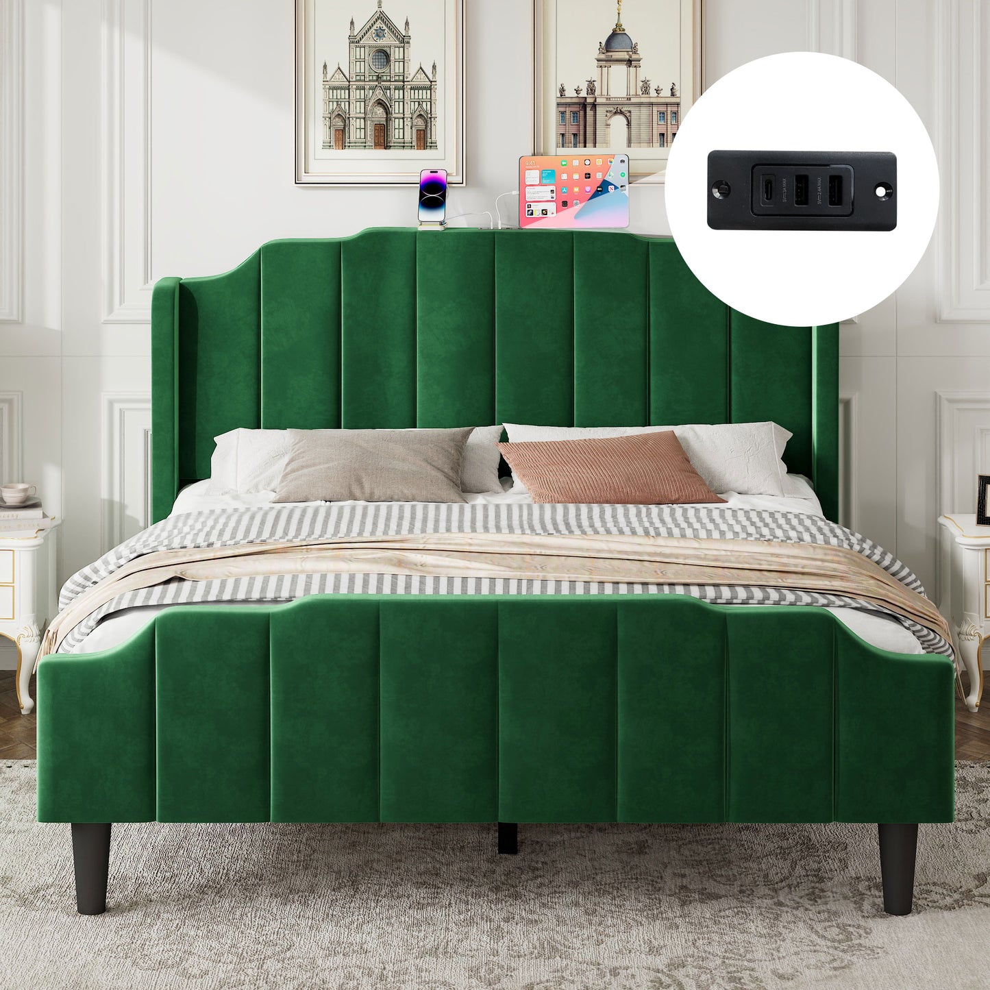 Amolife Upholstered Platform Bed with with USB Ports & Curved Velvet Wingback Headboard