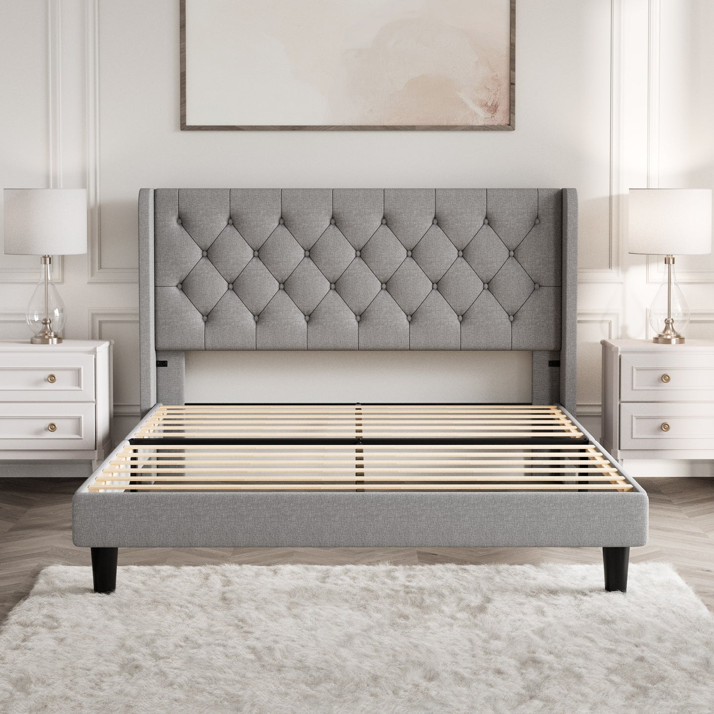 Queen Size Diamond Upholstered Platform Bed Frame with Deluxe Wing Back, Drak Gray