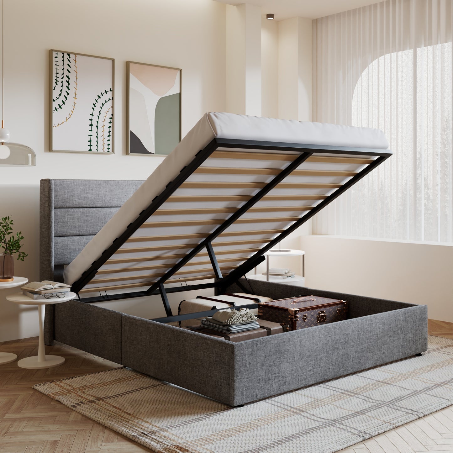 Amolife Bed Frame, Lift Up Storage Platform Bed with Fabric Upholstered Panel Wingback Headboard