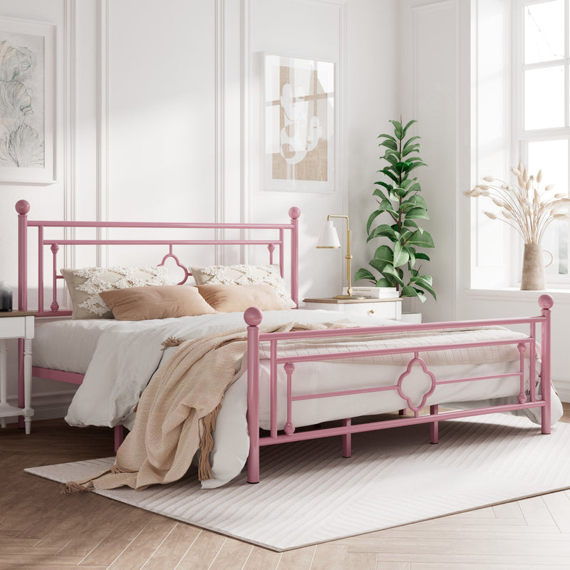 Queen Size Metal Bed Frame with Vintage Cross Pattern Headboard and Footboard, Black