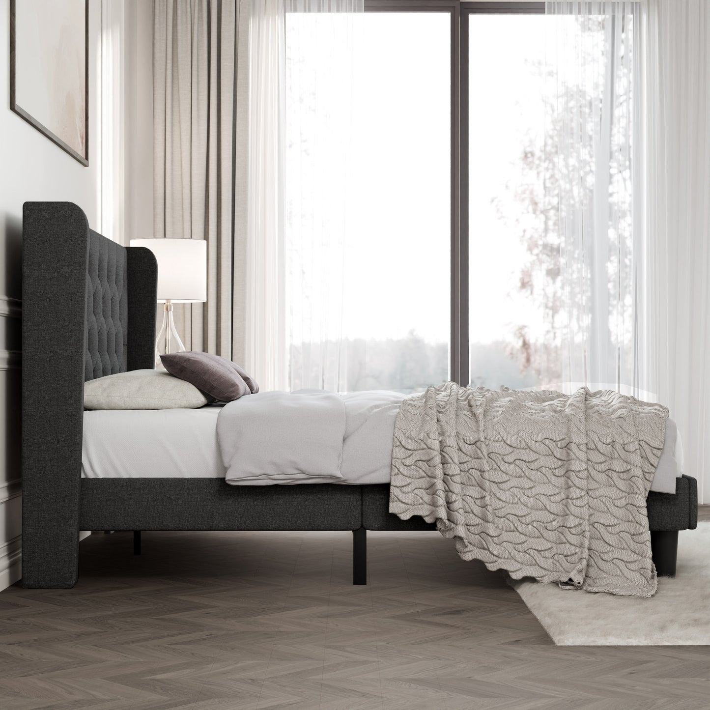 Queen Size Diamond Upholstered Platform Bed Frame with Deluxe Wing Back, Drak Gray