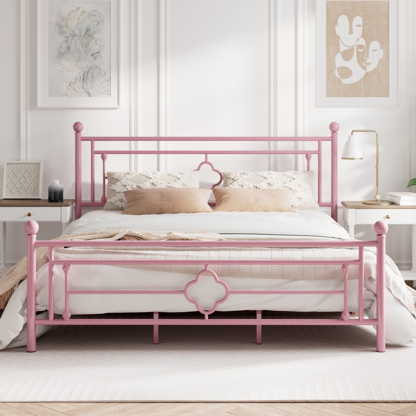 Queen Size Metal Bed Frame with Vintage Cross Pattern Headboard and Footboard, Black