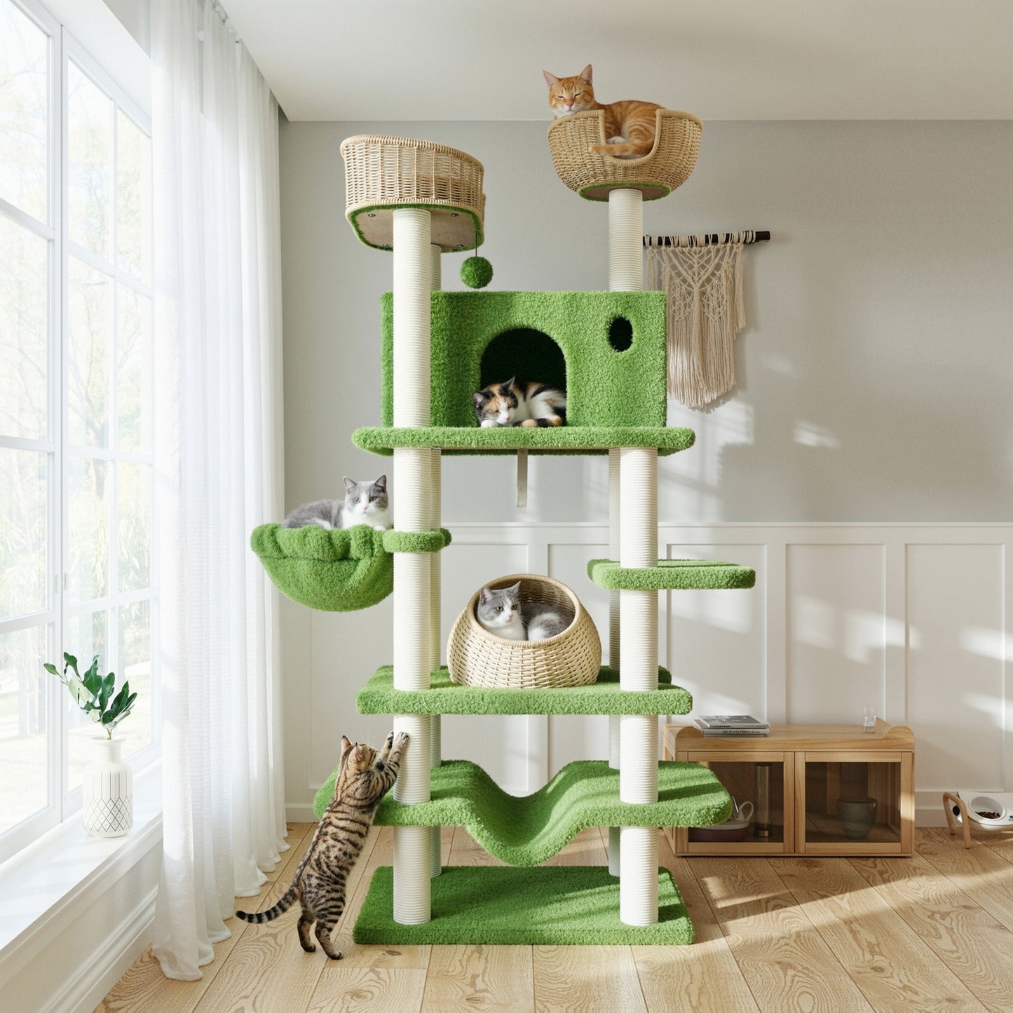 Amolife 82" Large Cat Tree Tower with Teddy Fleece Rattan Condo, Basket, Hammock and Scratching Posts for Indoor Cats and kittens, Green