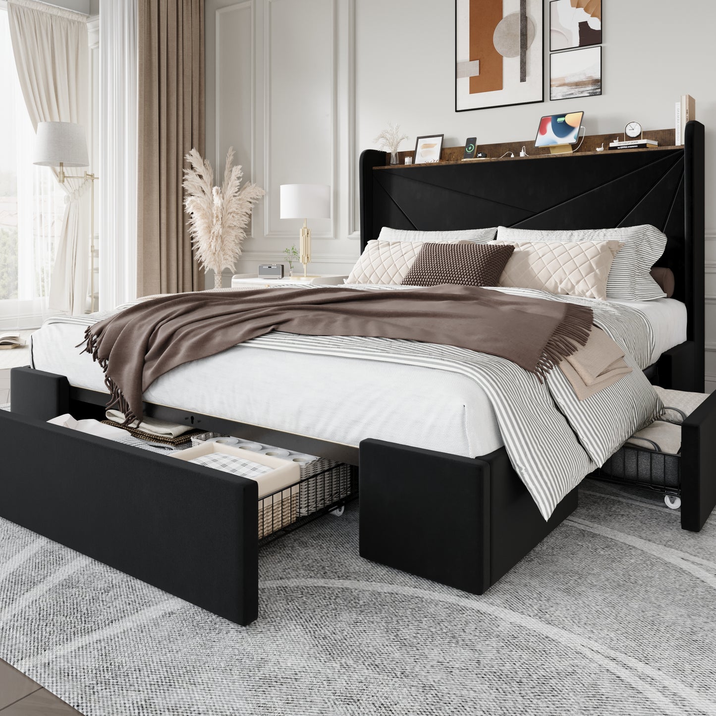Amolife Storage Bed Frame with 3 Drawers, Velvet Platform Bed with Charging Station & Upholstered Wingback Headboard