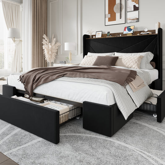 Amolife Storage Bed Frame with 3 Drawers, Velvet Platform Bed with Charging Station & Upholstered Wingback Headboard