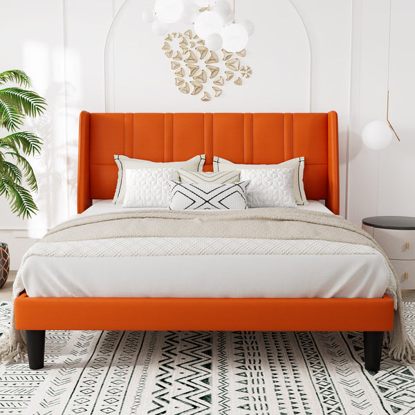 Queen Size Faux Leather Platform Bed Frame with Luxurious Wingback Headboard,Orange