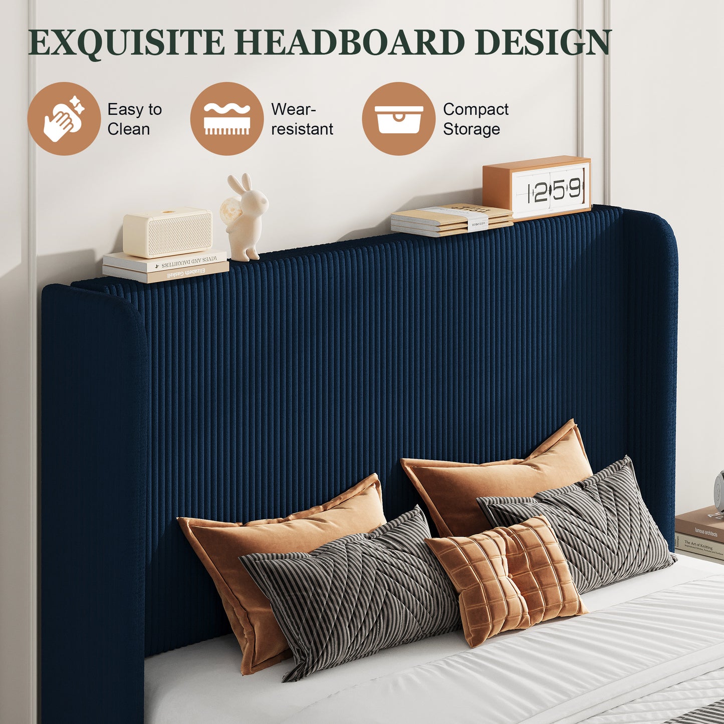 Amolife platform Bed Frame with Upholstered Wingback Headboard, Vertical Channel Tufted Corduroy Velvet