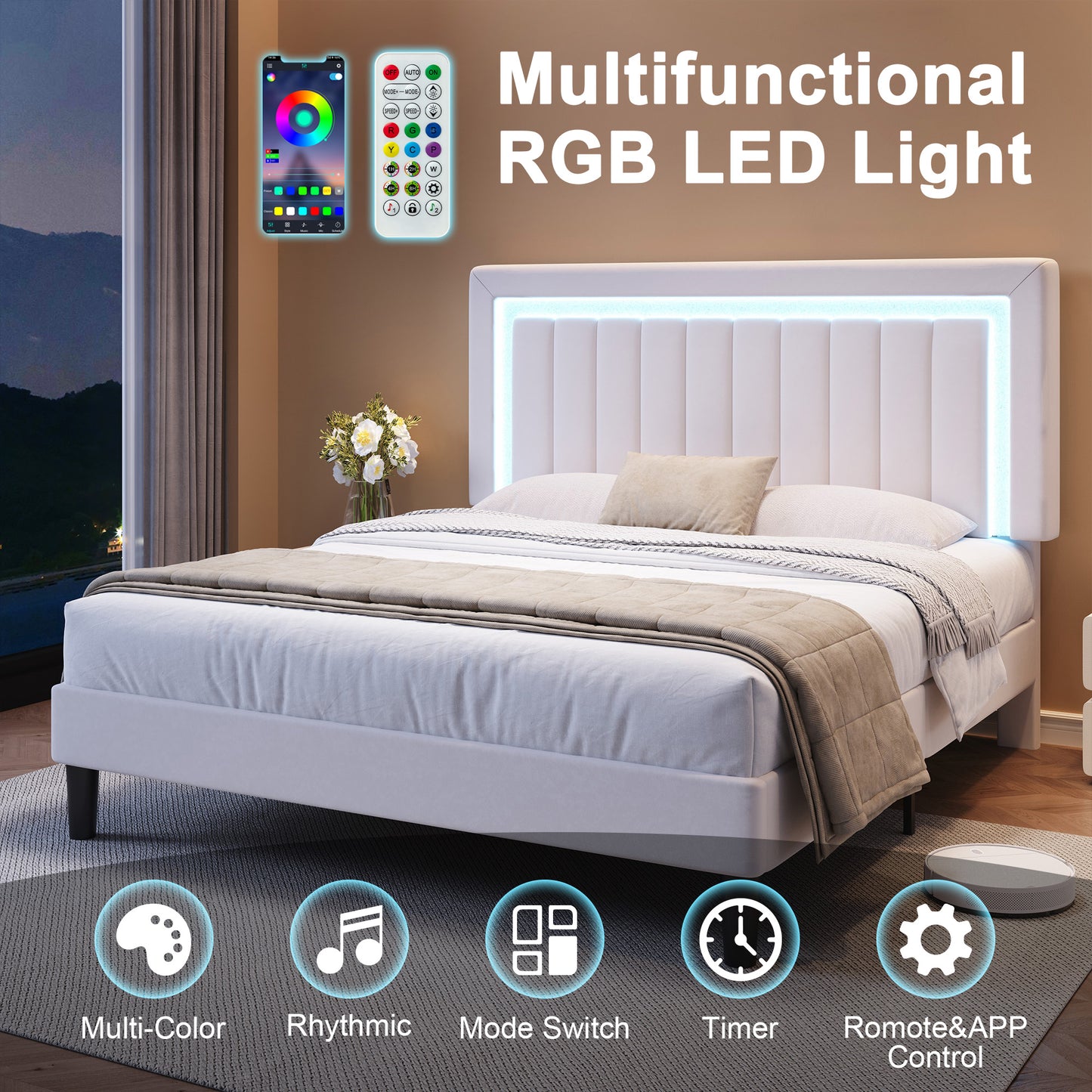 Amolife Bed Frame, Platform Bed with LED Light Velvet Vertical Channel Upholstered Headboard