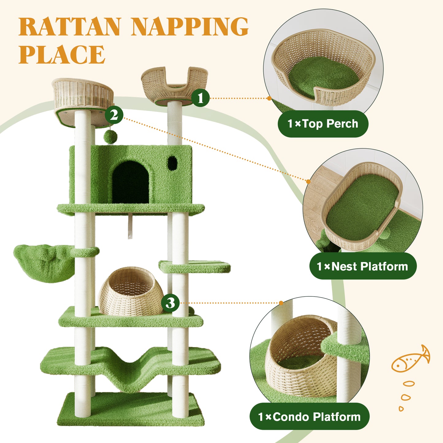 Amolife 82" Large Cat Tree Tower with Teddy Fleece Rattan Condo, Basket, Hammock and Scratching Posts for Indoor Cats and kittens, Green