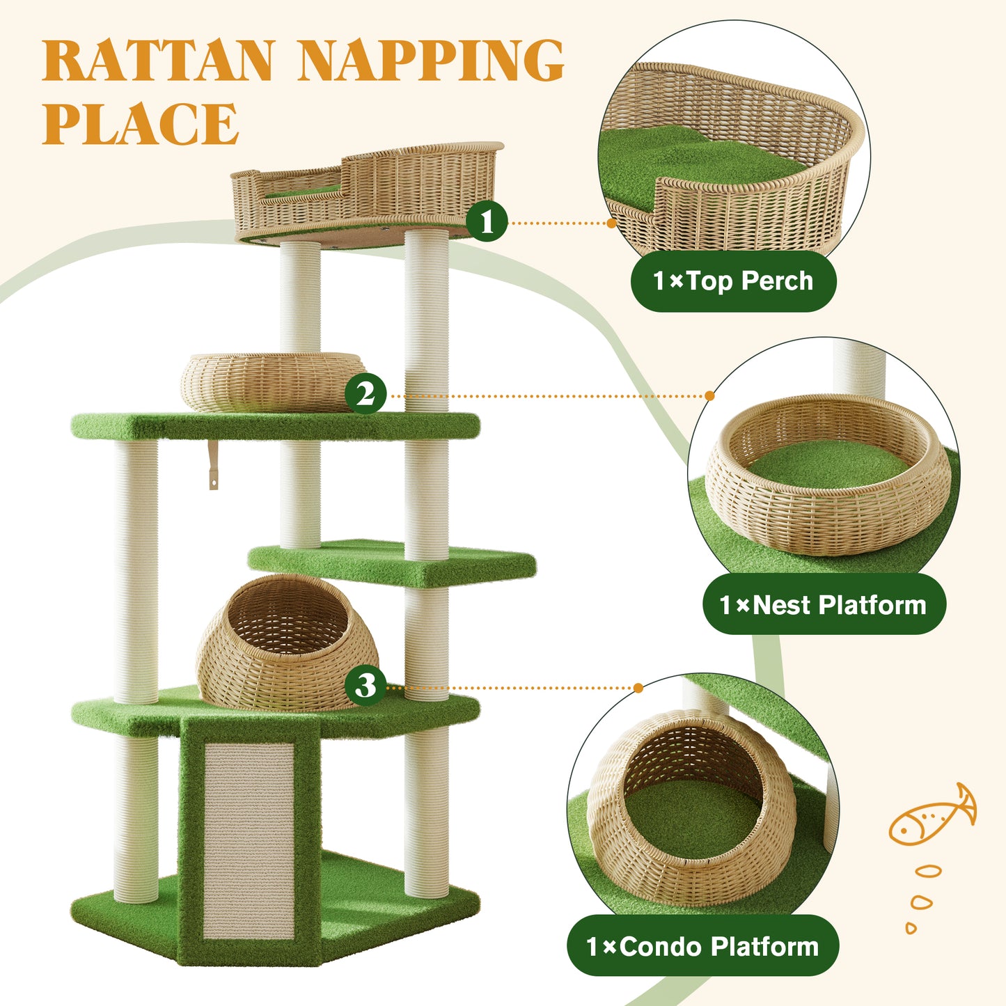 Amolife 57" Large Cat Tree Tower with Teddy Fleece Rattan Condo, Scratching Ramp and Posts for Indoor Cats and kittens, Green