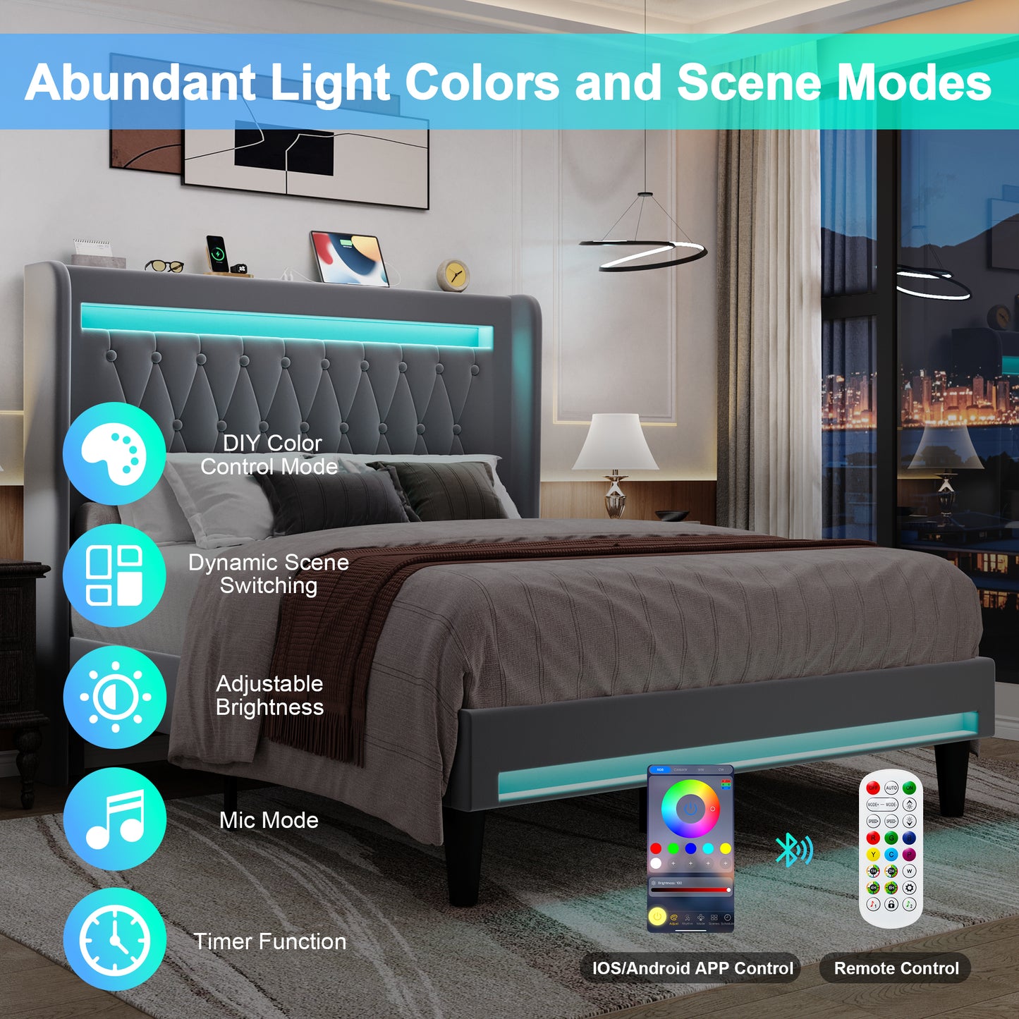 Amolife Bed Frame, Upholstered Velvet Platfrom Bed with Charging Station, High Wingback Headboard & 2 LED Lights, No Box Spring Needed