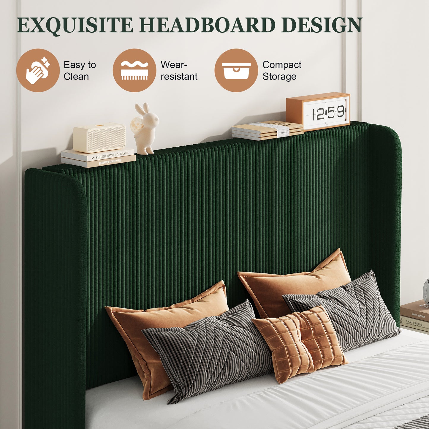 Amolife platform Bed Frame with Upholstered Wingback Headboard, Vertical Channel Tufted Corduroy Velvet