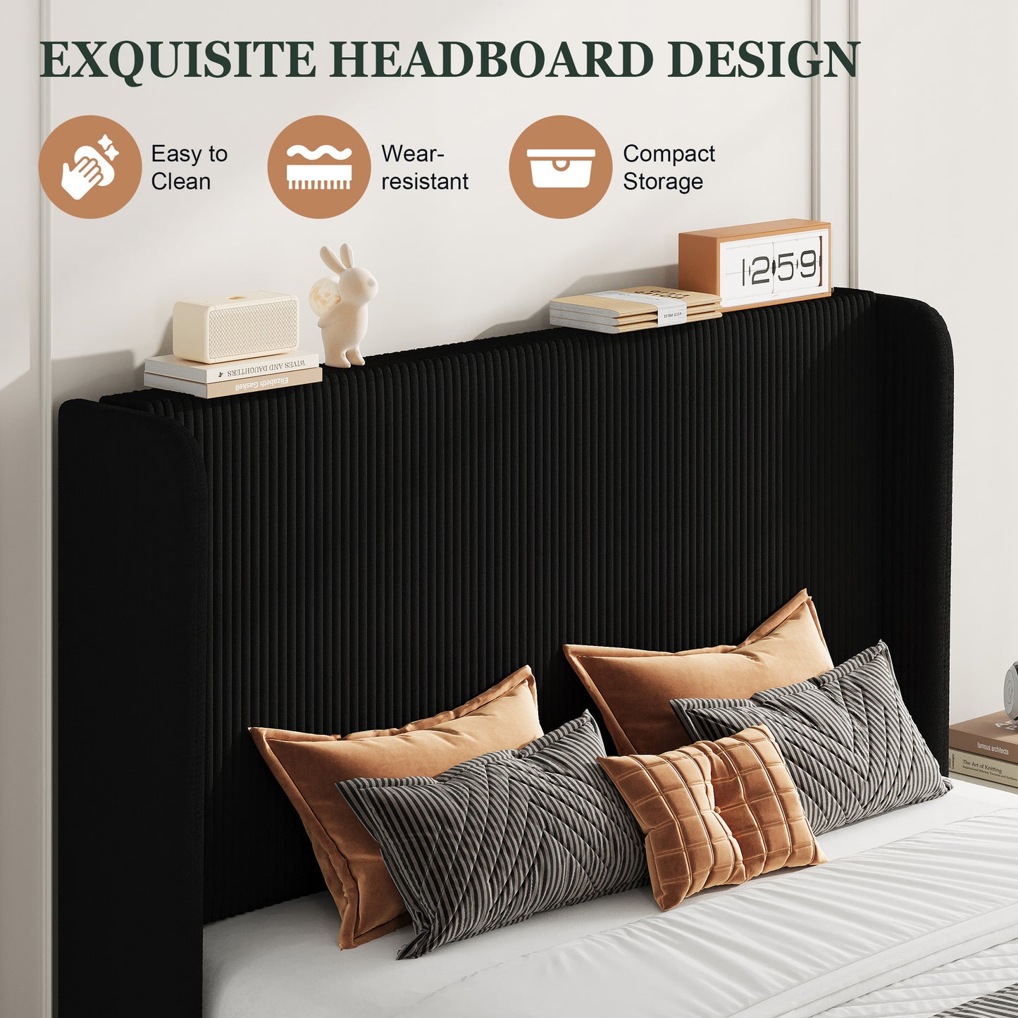 Amolife platform Bed Frame with Upholstered Wingback Headboard, Vertical Channel Tufted Corduroy Velvet