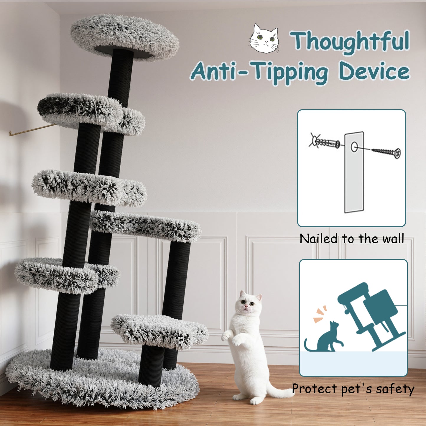 Amolife 61.5" Large Plush Cat Tree Tower with Platforms, 2 Toy Balls with bells, Scratching Posts and Widened Base for Indoor Cats and Kittens, Black and White
