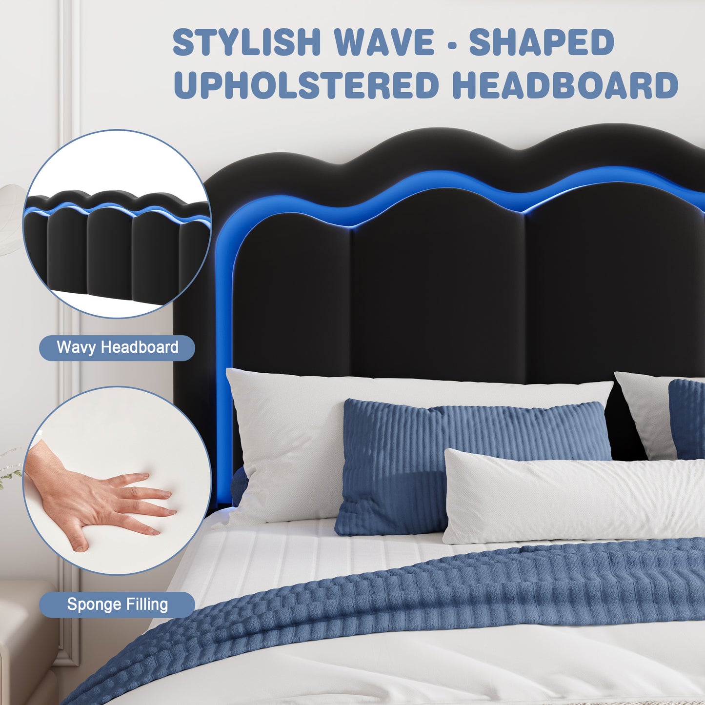 Amolife LED Bed Frame with Drawer, Velvet Upholstered Platform Bed Frame with Adjustable Wavy Headboard