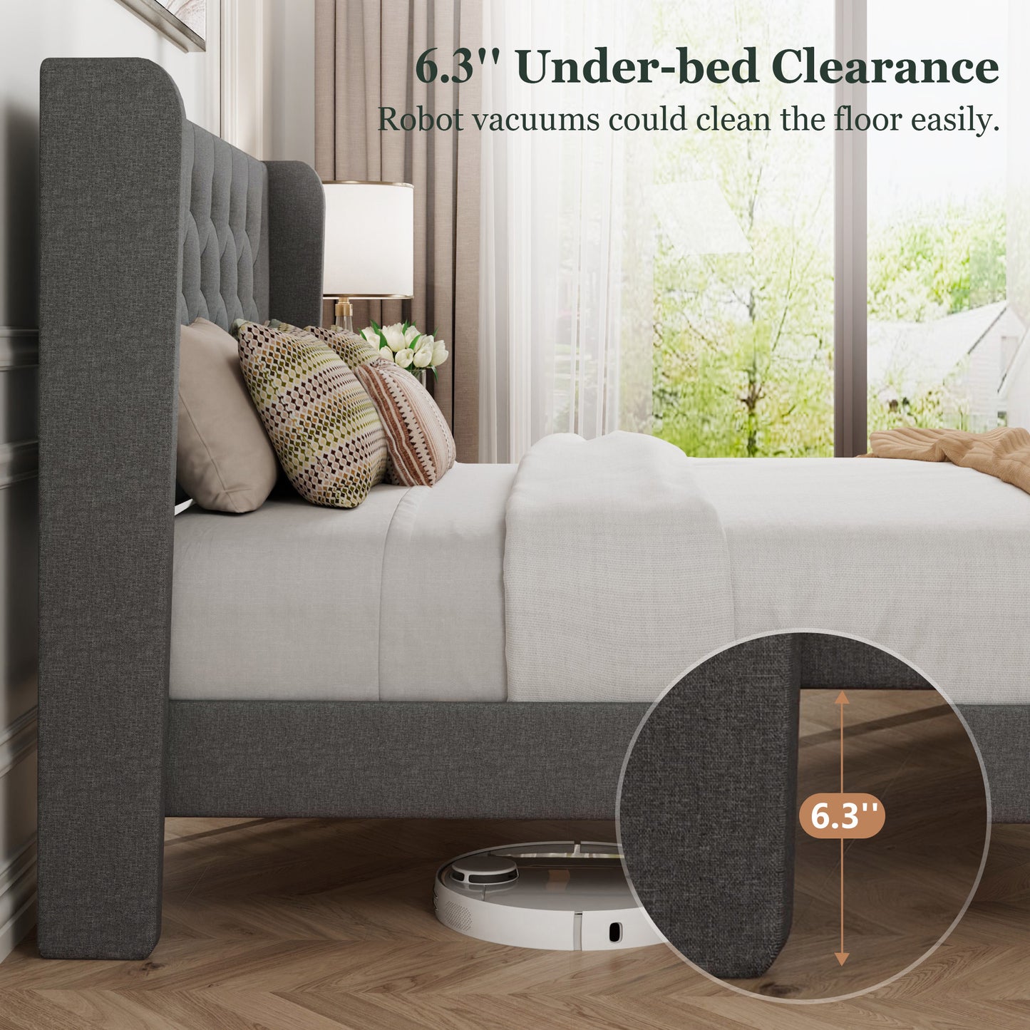 Queen Size Diamond Upholstered Platform Bed Frame with Deluxe Wing Back, Drak Gray