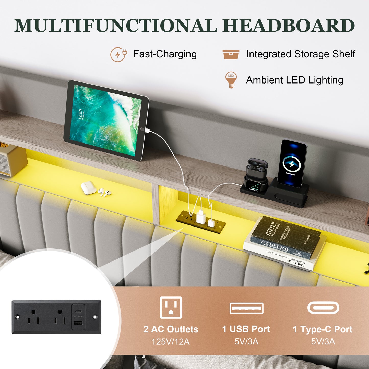 Amolife Hydraulic Lift-Up Storage Bed Frame, LED Headboard with Fast Charging (USB/Type-C), 2-Tier Shelves & Velvet Upholstered