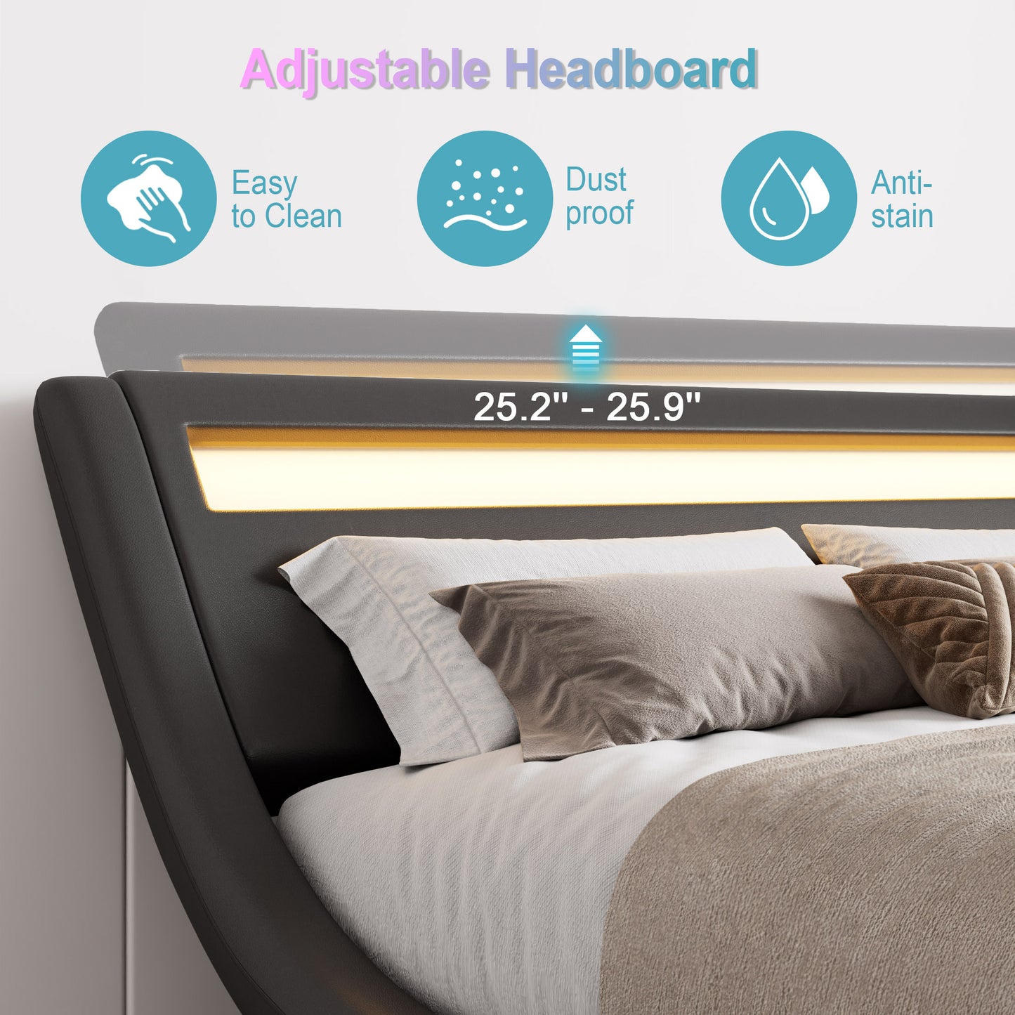 Wave Like Curve Deluxe Upholstered Modern Bed Frame with LED Headboard