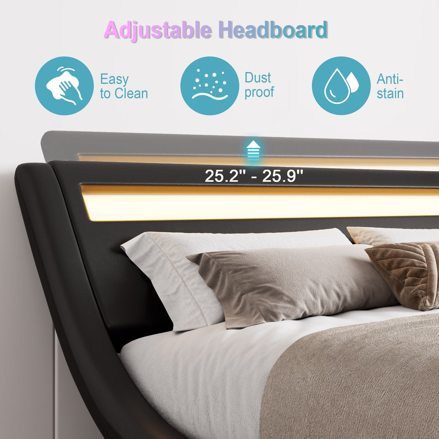 Wave Like Curve Deluxe Upholstered Modern Bed Frame with LED Headboard