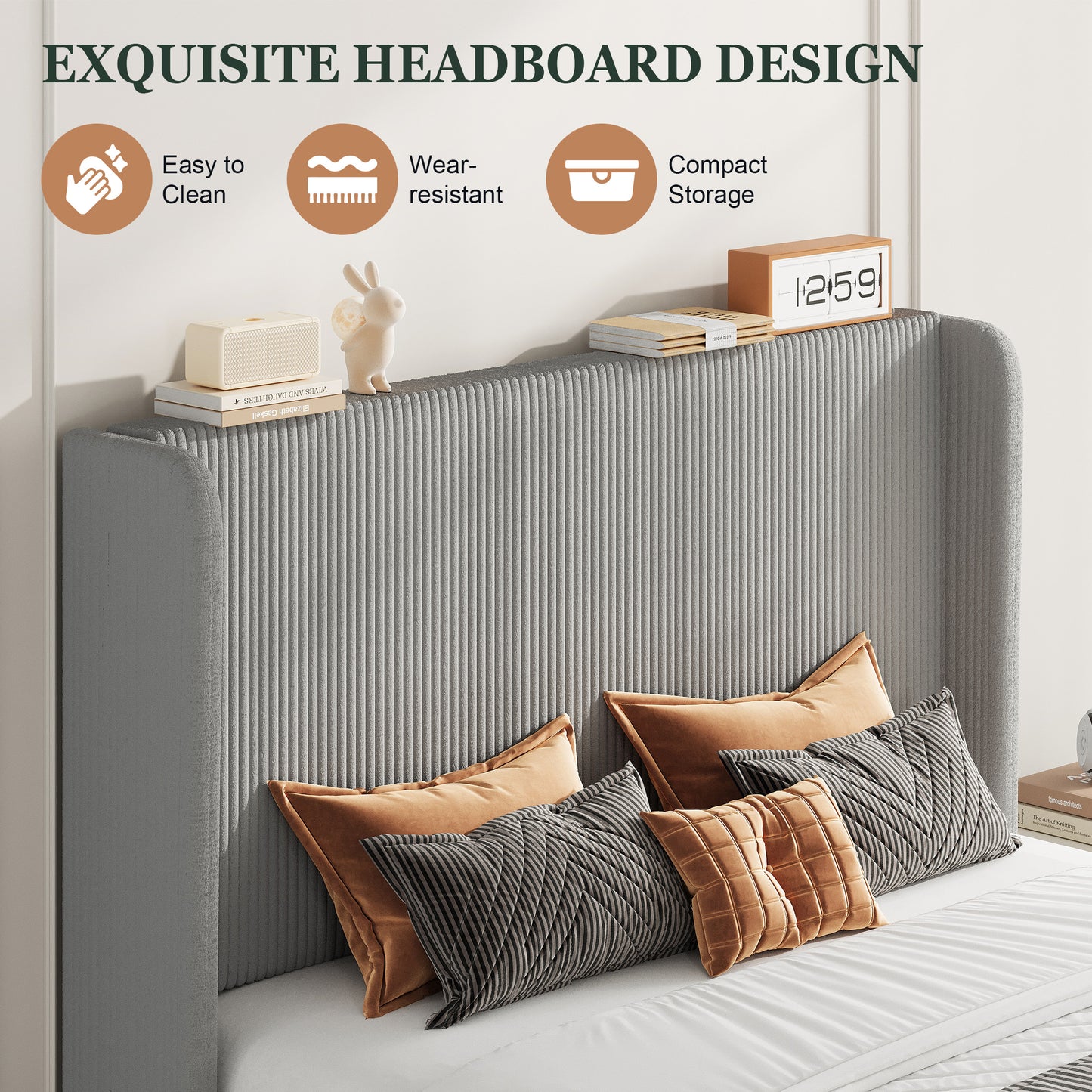 Amolife platform Bed Frame with Upholstered Wingback Headboard, Vertical Channel Tufted Corduroy Velvet