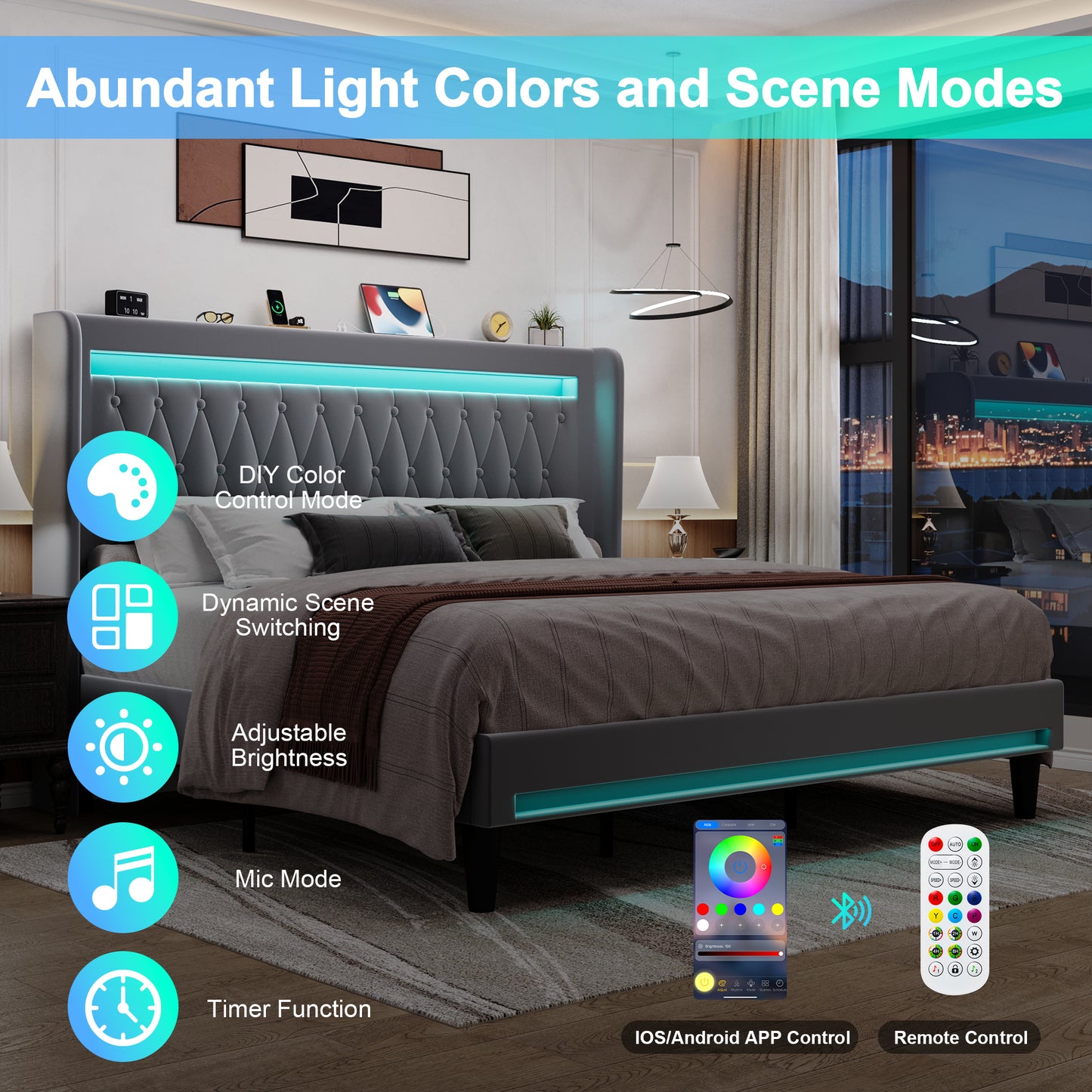 Amolife Bed Frame, Upholstered Velvet Platfrom Bed with Charging Station, High Wingback Headboard & 2 LED Lights, No Box Spring Needed