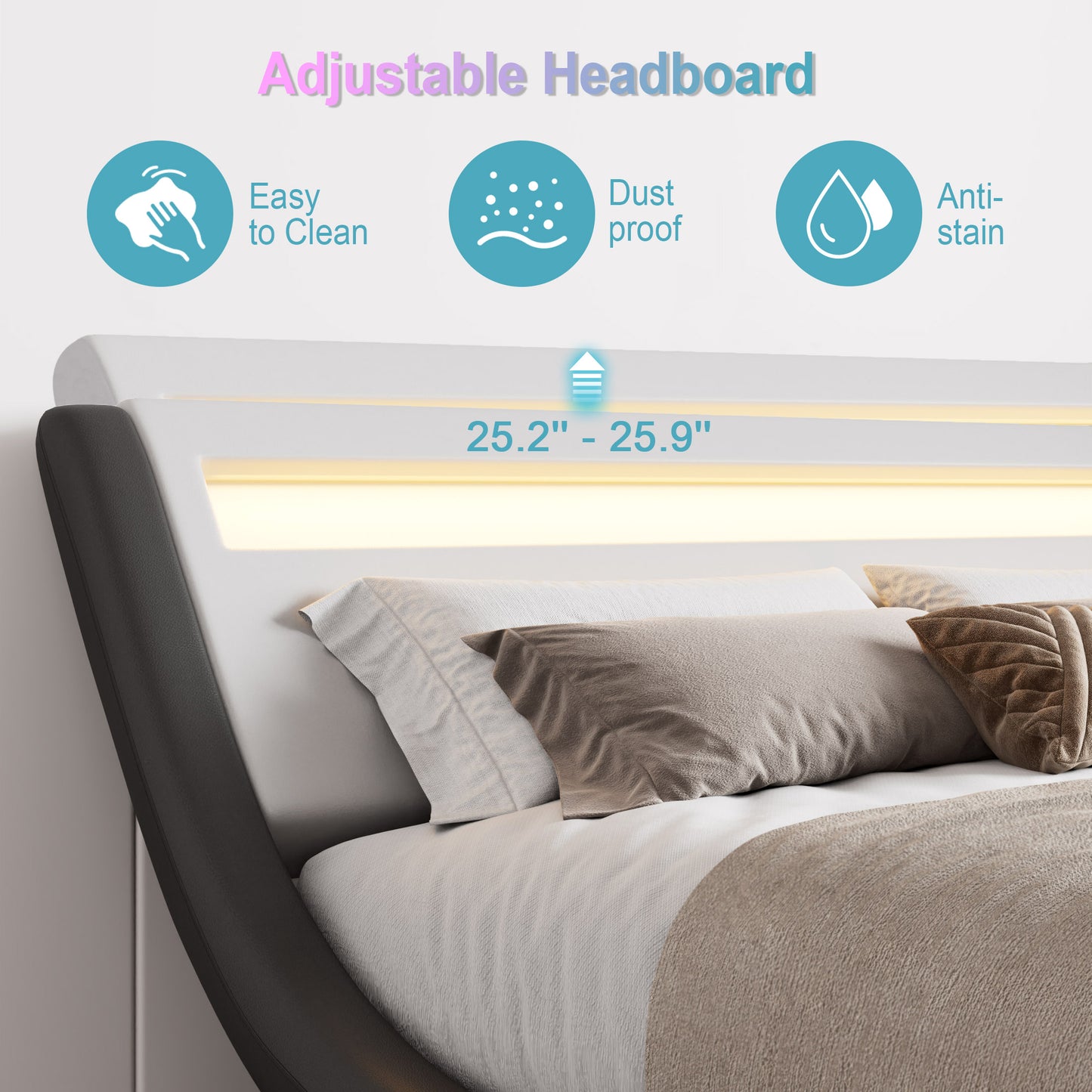 Wave Like Curve Deluxe Upholstered Modern Bed Frame with LED Headboard