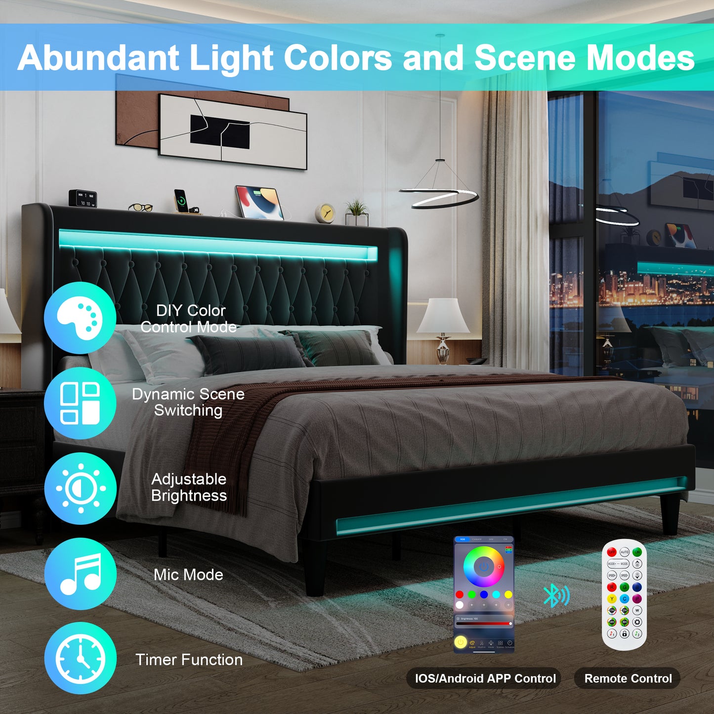 Amolife Bed Frame, Upholstered Velvet Platfrom Bed with Charging Station, High Wingback Headboard & 2 LED Lights, No Box Spring Needed