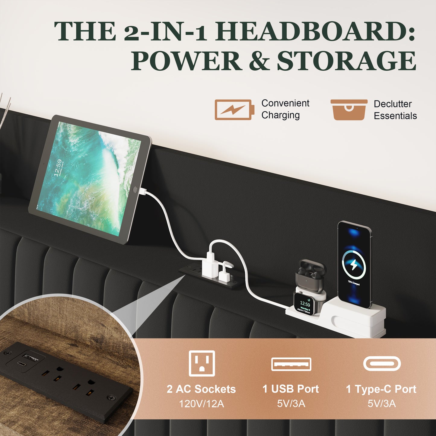 Amolife Bed Frame with Advanced 4-in-1 Charging Hub (2 AC Outlets, 1 Type-C, 1 USB) & Storage Shelf, Upholstered Velvet Wingback Headboard