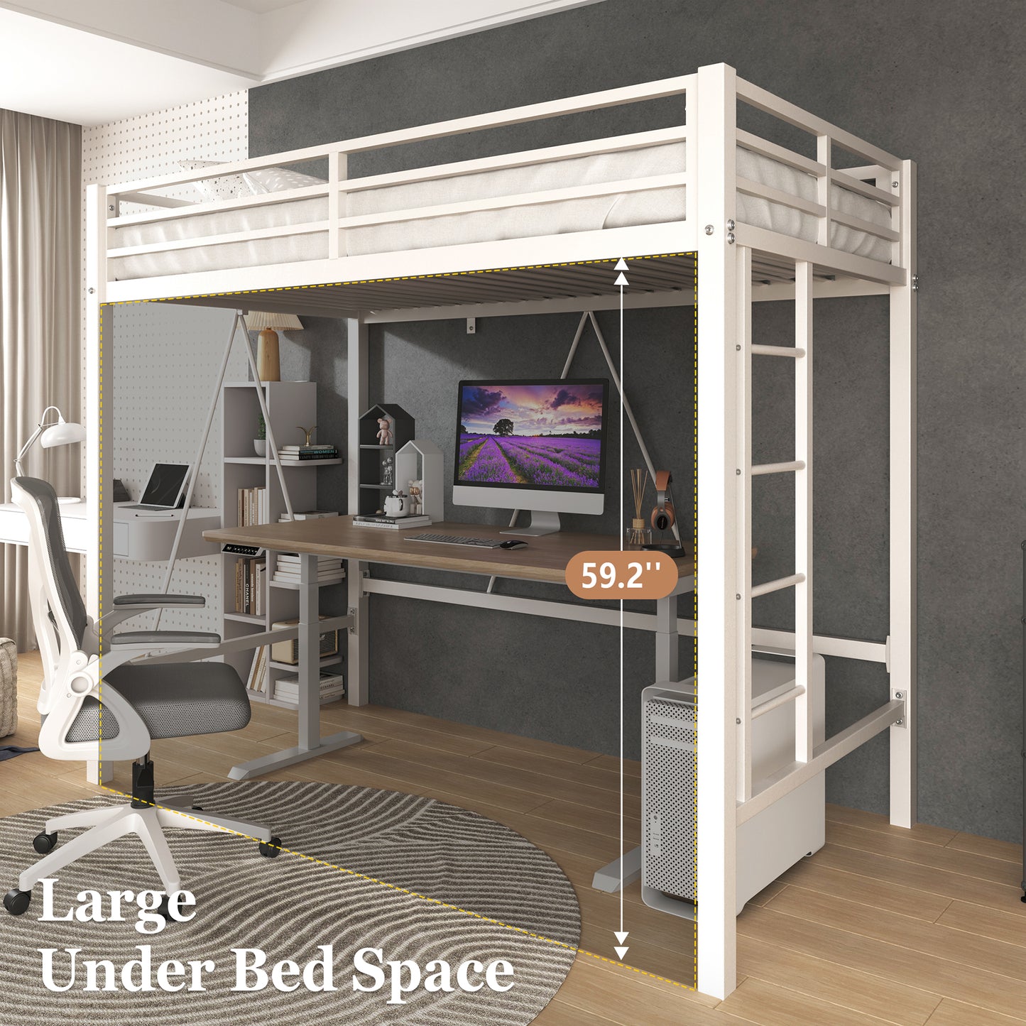 Loft Bed Frame for Juniors&Adults, Metal Loft Bed Twin Size with Safety Guardrail&Removable Ladder, Space-Saving, Noise Free