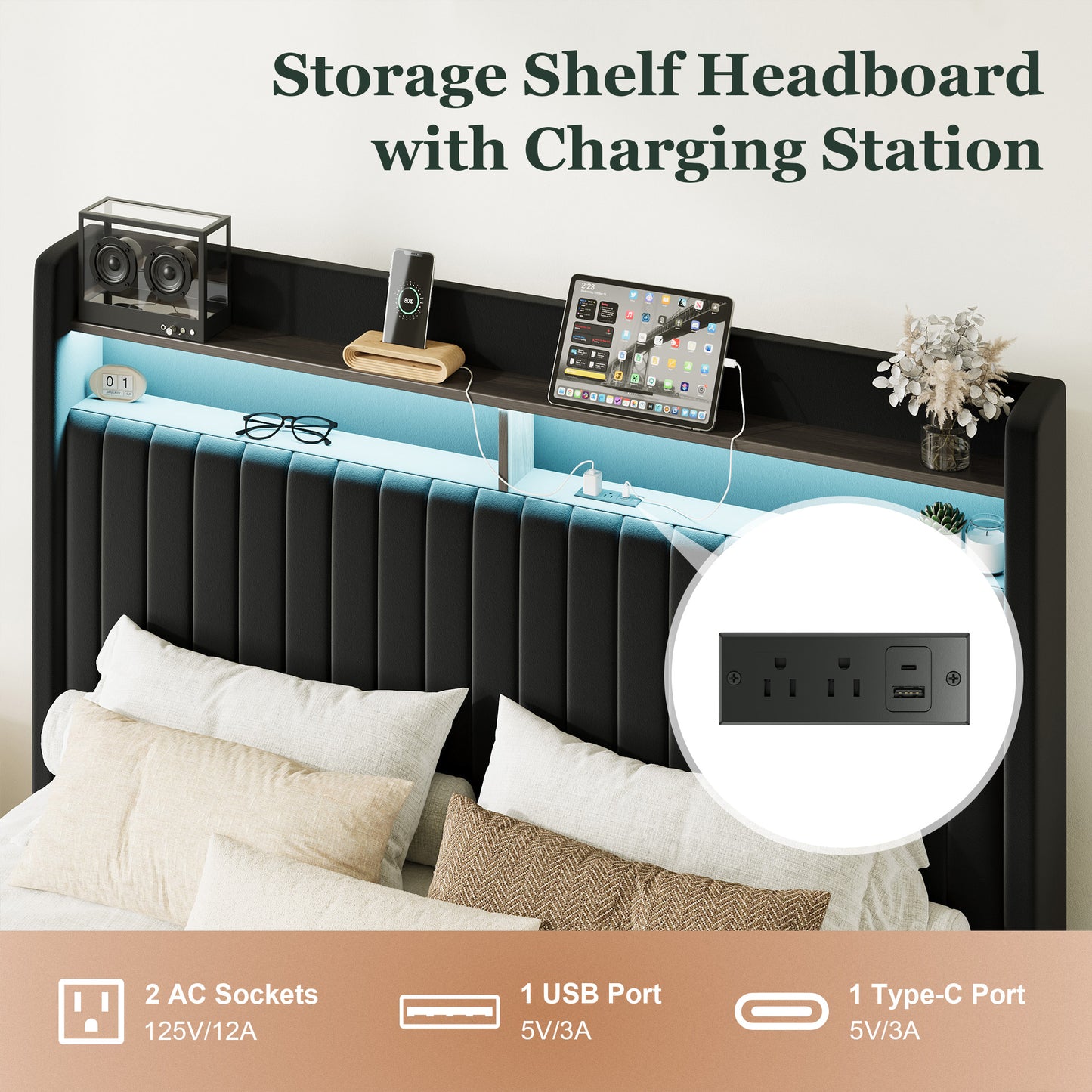 Amolife Bed Frame, Upholstered Storage Bed with 2 Shelves LED Wingback Headboard, 3 Drawers & USB Ports