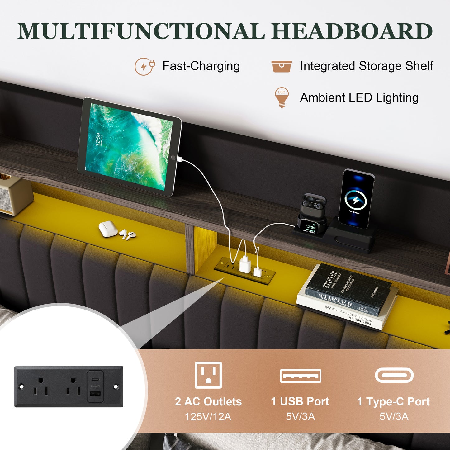 Amolife Hydraulic Lift-Up Storage Bed Frame, LED Headboard with Fast Charging (USB/Type-C), 2-Tier Shelves & Velvet Upholstered