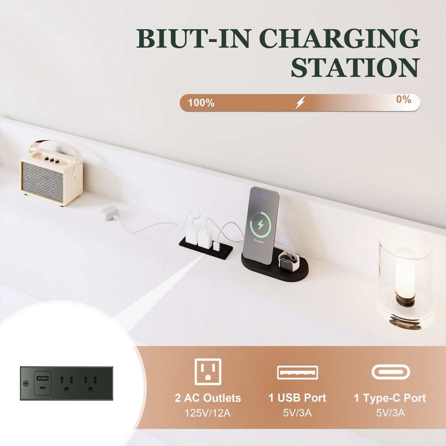 Amolife Platform Bed Frame with Upholstered Velvet Wingback Slat Headboard & Built-In Charging Station