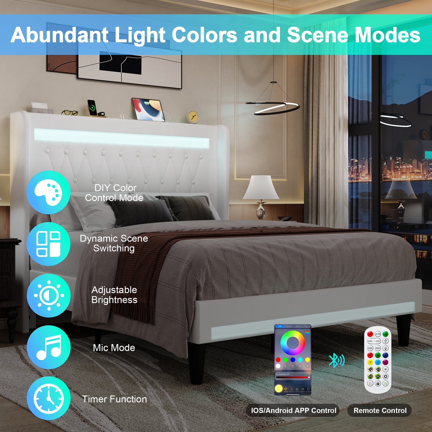 Amolife Bed Frame, Upholstered Velvet Platfrom Bed with Charging Station, High Wingback Headboard & 2 LED Lights, No Box Spring Needed