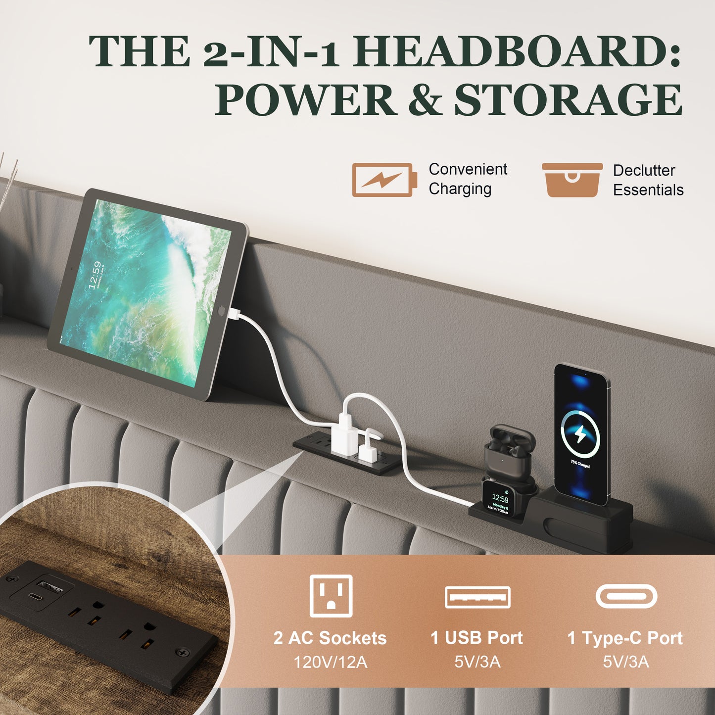 Amolife Bed Frame with Advanced 4-in-1 Charging Hub (2 AC Outlets, 1 Type-C, 1 USB) & Storage Shelf, Upholstered Velvet Wingback Headboard
