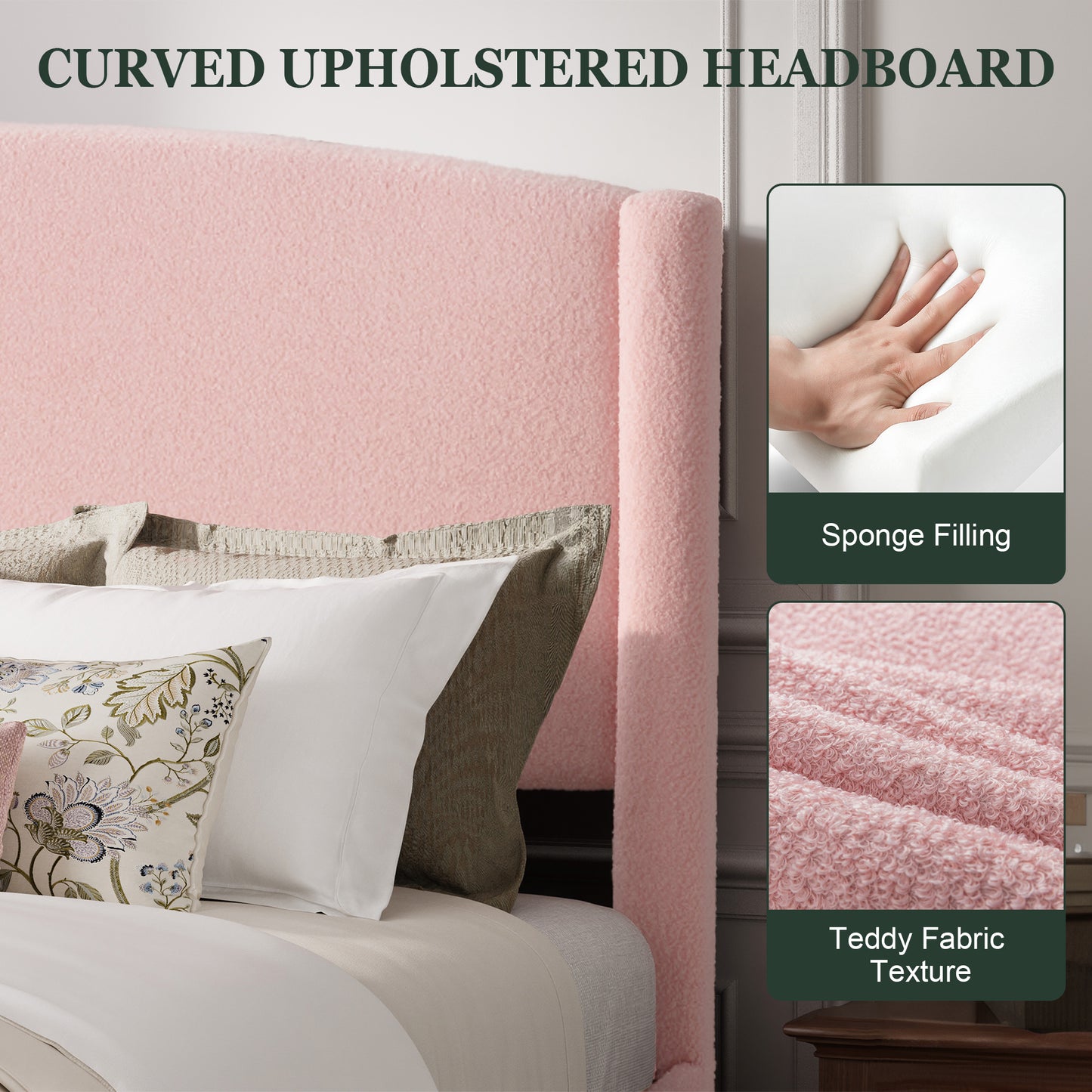 Amolife Bed Frame, Platform Upholstered Bed with Soft Teddy Fabric Curved Headboard