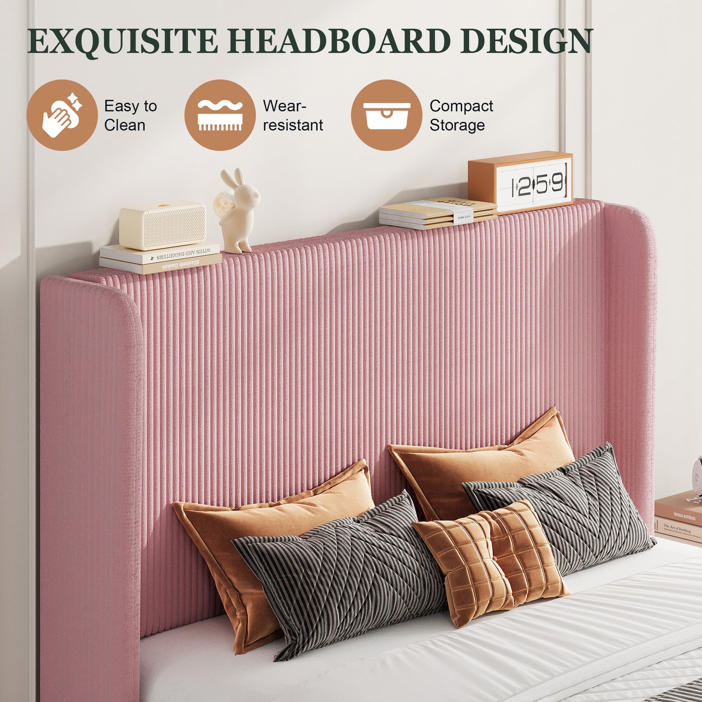 Amolife platform Bed Frame with Upholstered Wingback Headboard, Vertical Channel Tufted Corduroy Velvet