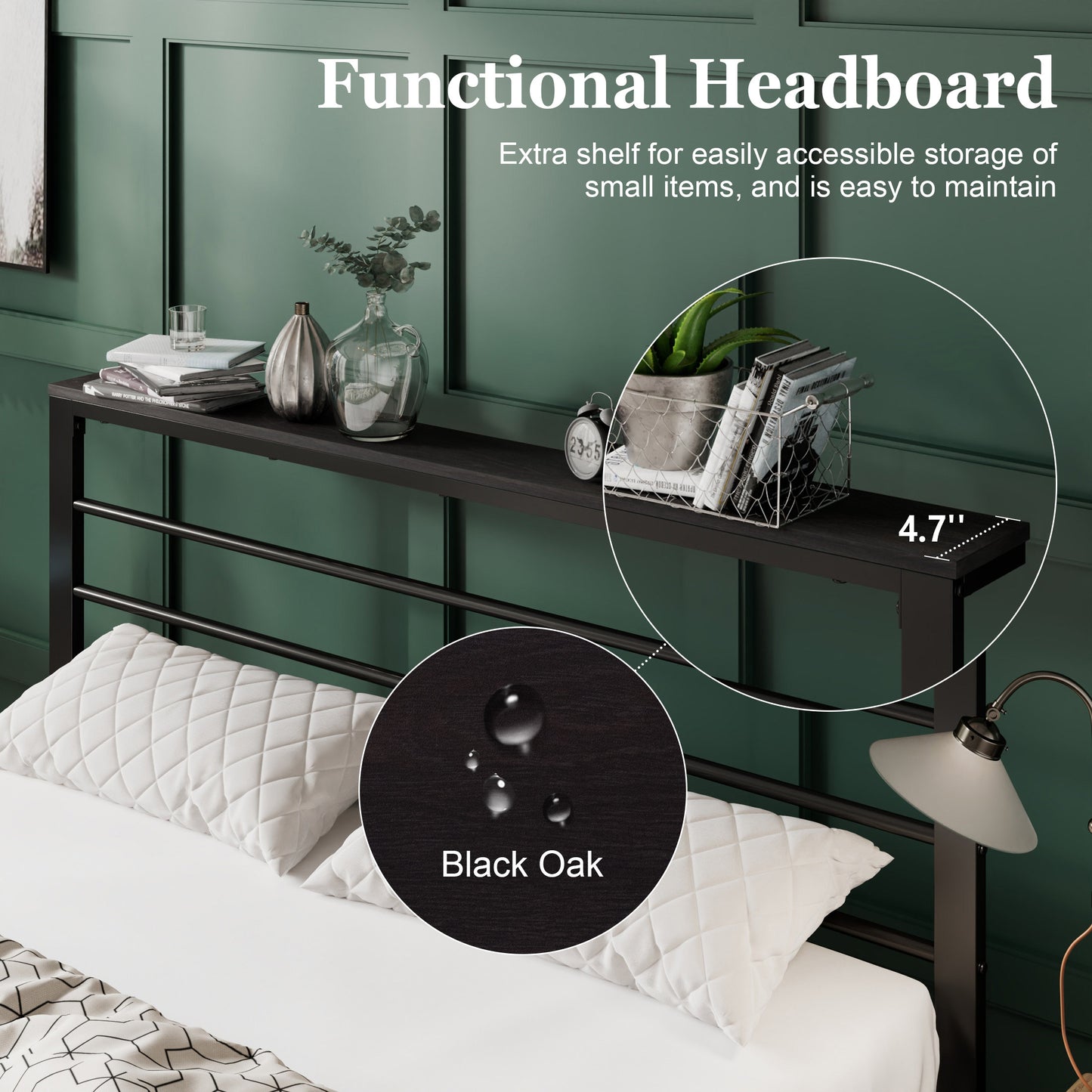 Queen Size Metal Bed Frame with Headboard Shelf, Black Oak