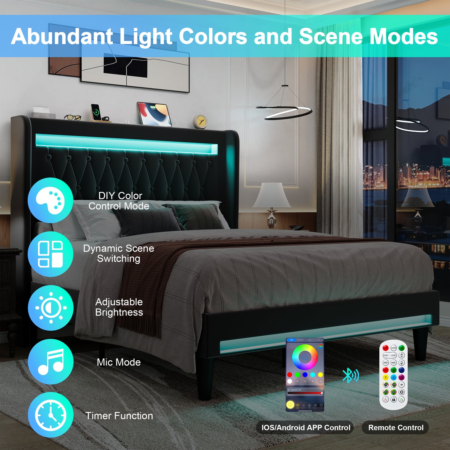 Amolife Bed Frame, Upholstered Velvet Platfrom Bed with Charging Station, High Wingback Headboard & 2 LED Lights, No Box Spring Needed