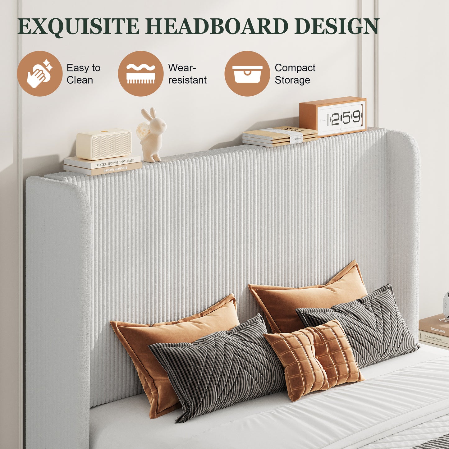 Amolife platform Bed Frame with Upholstered Wingback Headboard, Vertical Channel Tufted Corduroy Velvet