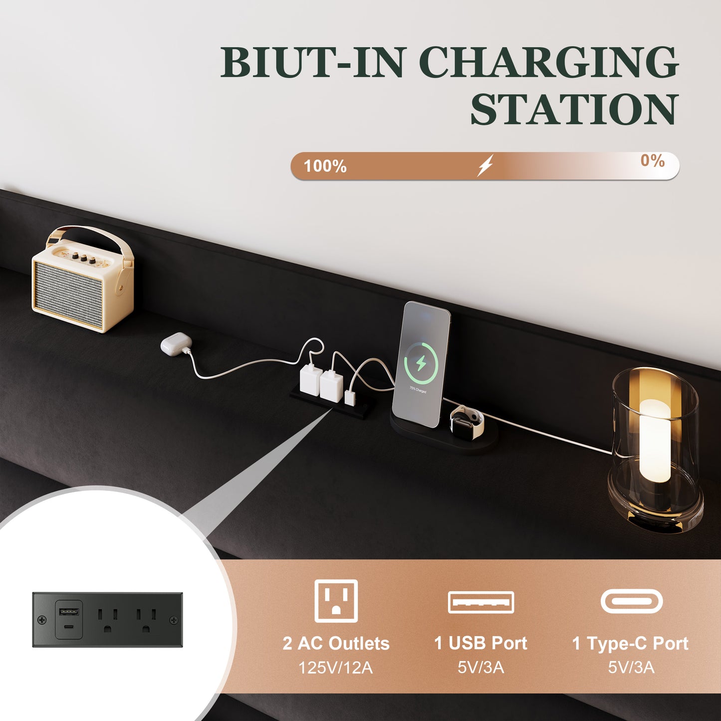 Amolife Platform Bed Frame with Upholstered Velvet Wingback Slat Headboard & Built-In Charging Station