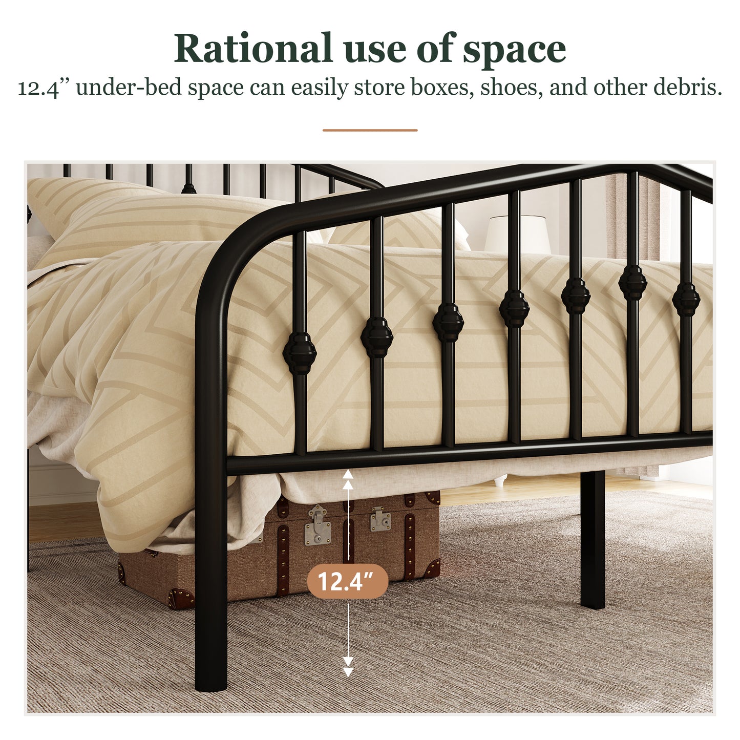 Queen Size Metal Bed Frame with Delicate Headboard and Footboard, Black