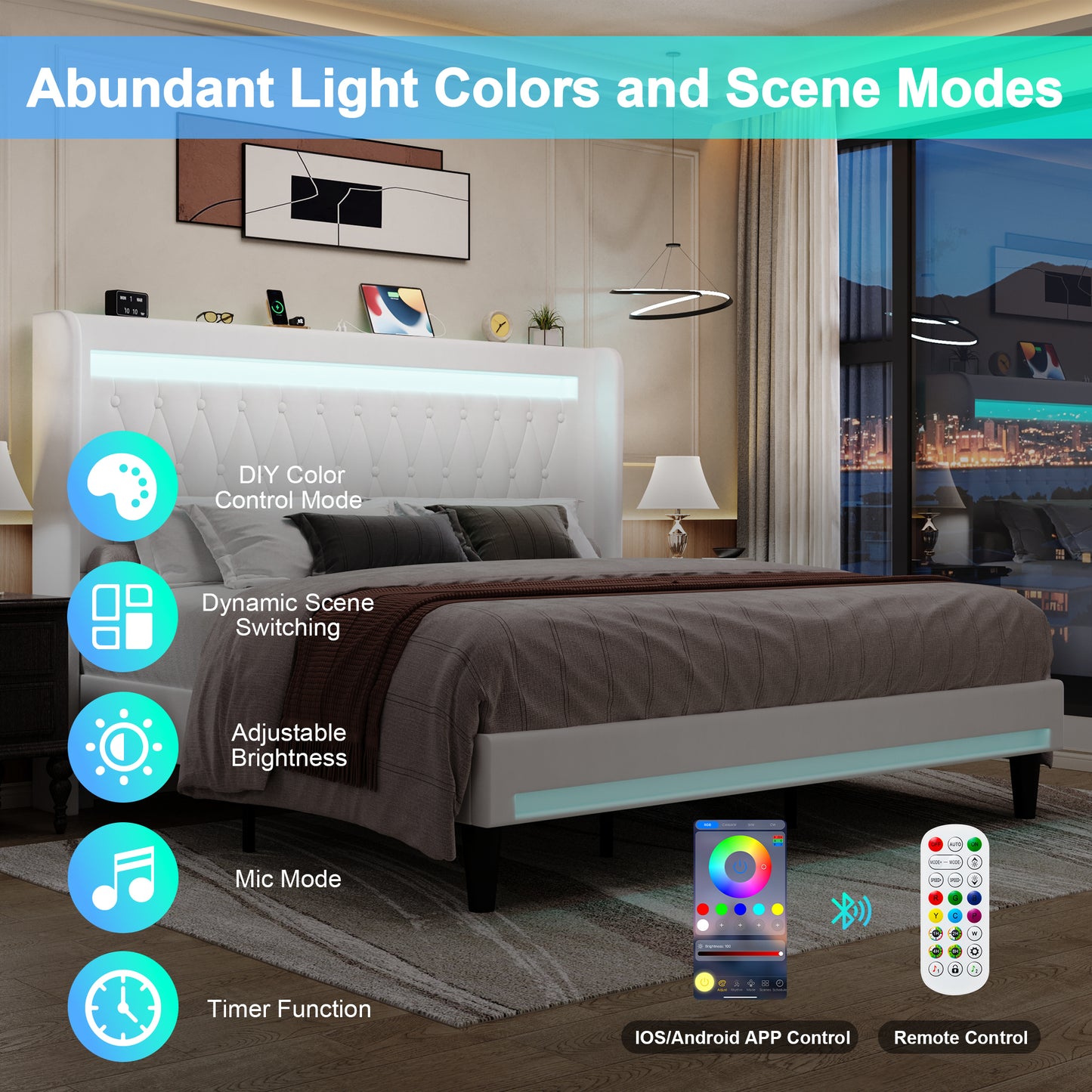 Amolife Bed Frame, Upholstered Velvet Platfrom Bed with Charging Station, High Wingback Headboard & 2 LED Lights, No Box Spring Needed